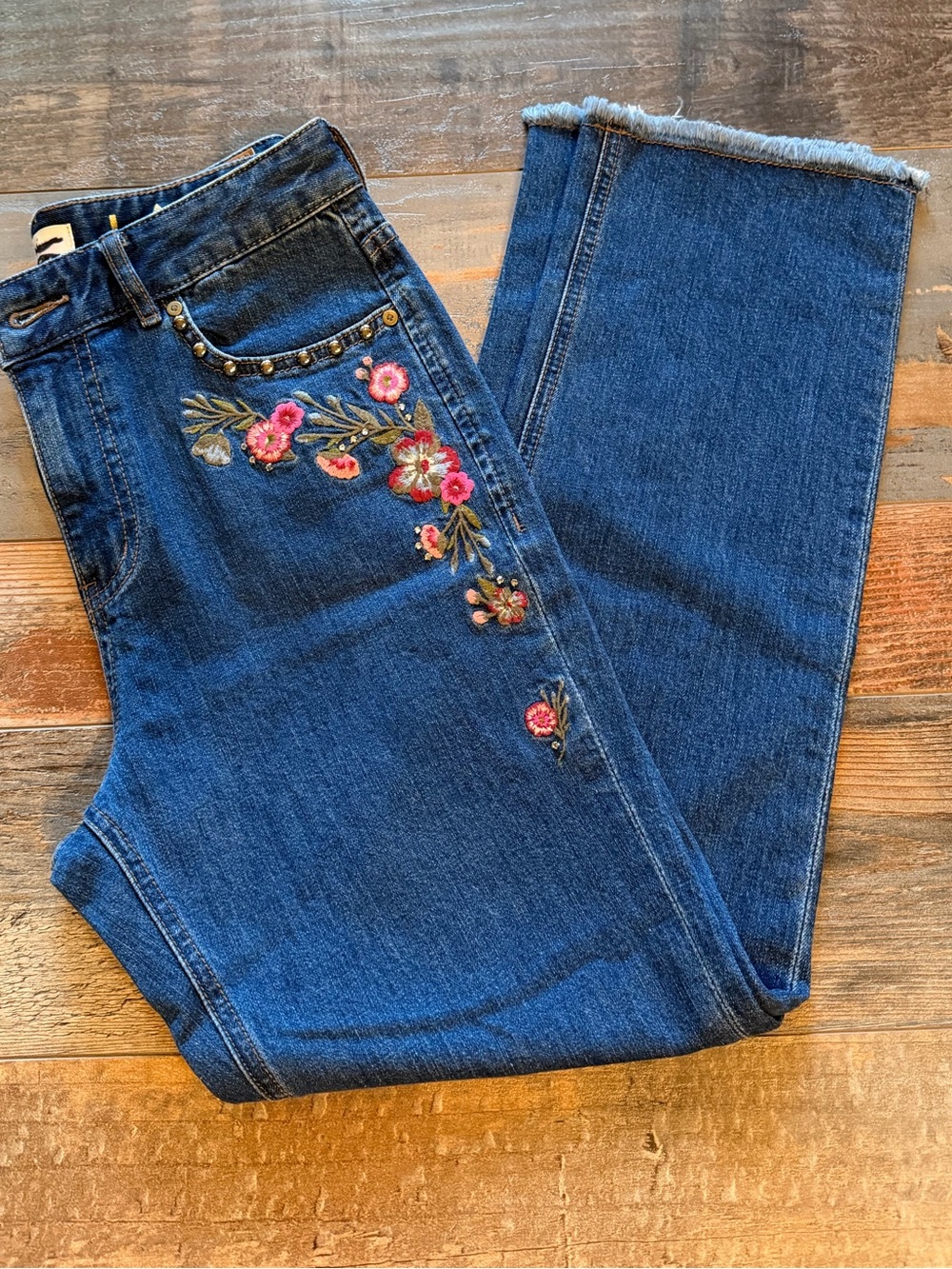 kate spade Dark Blue Straight Leg Jeans with Pink Floral Embroidery